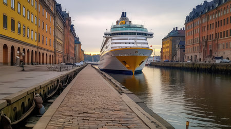 A Cruise Ship Docked The Port With Historic Buildings And Narrow Cobblestone Streetsの素材