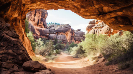 A Trail Through A Canyon With A Natural Arch Formationの素材