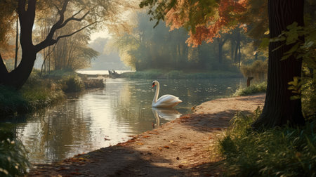 A Trail Through A Park With A Lake And Swansの素材