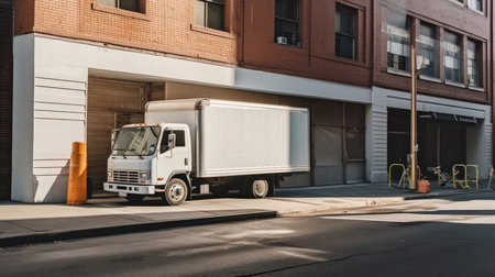 A White Delivery Truck Parked On A City Street Next To A Building With A Loading Dockの素材