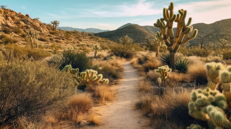 A Desert Trail With Cactus Plants On Either Sideの素材