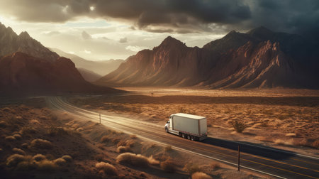 A White Semitruck Hauling Goods On A Desert Highway With Mountains In The Backgroundの素材