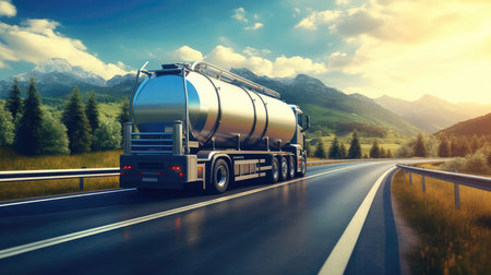 A White Tanker Truck On A Highway Transporting Liquid Cargoの素材