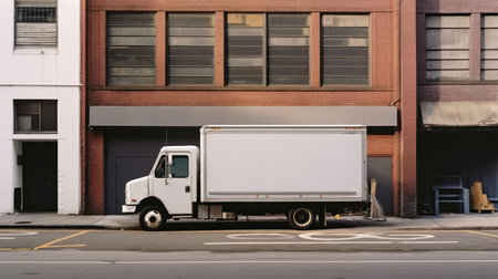 A White Delivery Truck Parked On A City Street Next To A Building With A Loading Dockの素材