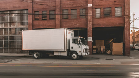 A White Delivery Truck Parked On A City Street Next To A Building With A Loading Dockの素材