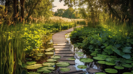 A Trail Through A Wetland Lily Pads Reedsの素材