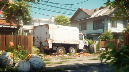 A White Garbage Truck Picking Up Trash In A Residential Areaの素材