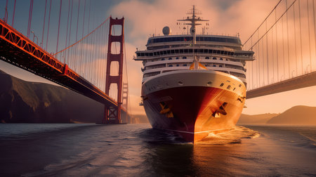 A Cruise Ship Passing Under The Iconic Golden Gate Bridge San Francisco Californiaの素材
