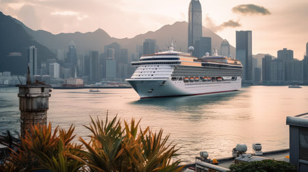 A Cruise Ship Docked At The Bustling Port Of Hong Kong The City Skyline Victoria Peakの素材