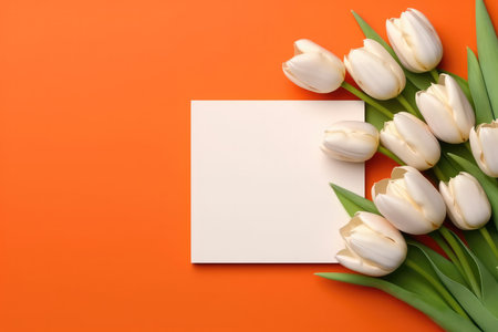 Blank White Card Top View On Orange Background Tulipsの素材