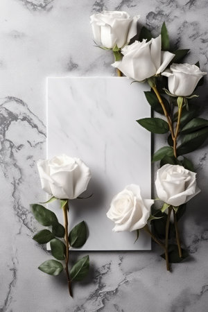 Blank White Card Top View On Silver Background Rosesの素材