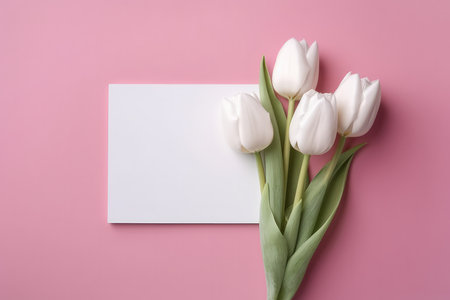 Blank White Card Top View On Pink Background Tulipsの素材