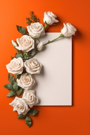 Blank White Card Top View On Orange Background Rosesの素材
