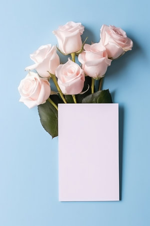 Blank White Card Top View On Pastel Pink Blue Background Rosesの素材
