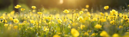 Buttercups Field Blurred Sunrise Banner Backgroundの素材
