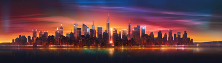 Glowing City Skyline At Dusk With A Blurred Sunset Banner Backgroundの素材