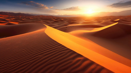 Desert Dunes Stretching Endlessly Under A Golden Sunsetの素材