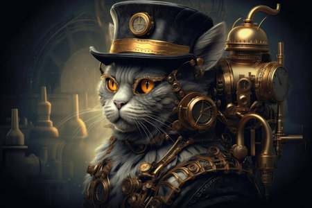 Gold Steampunk Cat On Smoke Steam Sparks Backgroundの素材