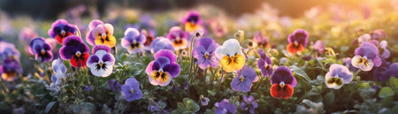 Pansies Field Blurred Sunrise Banner Backgroundの素材