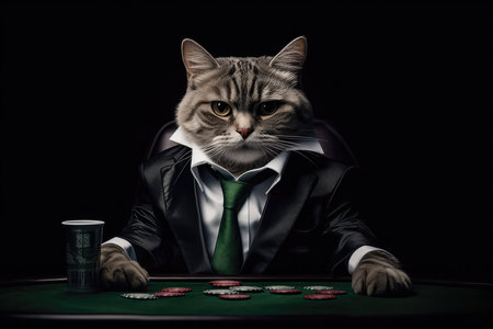 Poker Face Cat In Suit And Sunglasses On Black Backgroundの素材