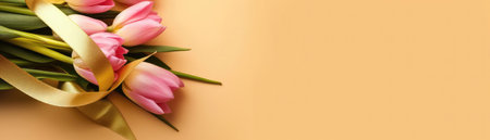 Wide Frame Side Bouquet Of Tulips In Hand With Ribbon Gold Banner Backgroundの素材