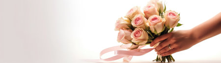 Wide Frame Side Bouquet Of Roses In Hand With Ribbon White Banner Backgroundの素材