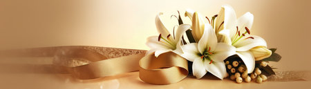 Wide Frame Side Bouquet Of Lilies In Hand With Ribbon Gold Banner Backgroundの素材