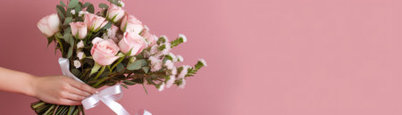 Wide Frame Side Bouquet Of Roses In Hand With Ribbon Pink Banner Backgroundの素材