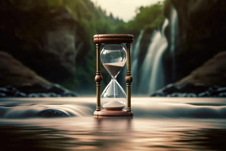 Hourglass With Flowing Water On A Serene Waterfall Backgroundの素材