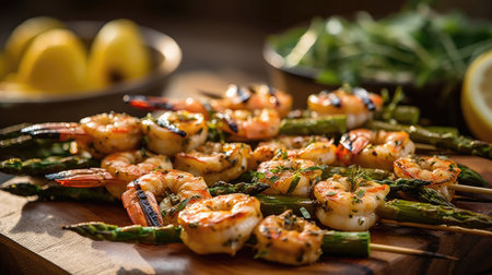 Grilled Asparagus And Shrimp Skewers With A Squeeze Of Lemonの素材