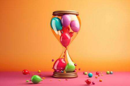 Hourglass With Floating Balloons On A Cheerful And Colorful Backgroundの素材