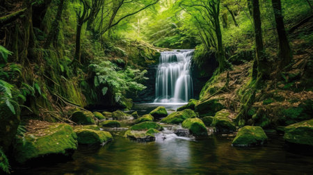 Secluded Waterfall Hidden Within A Dense Forestの素材