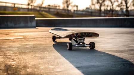 Skateboard Poised On A Concrete Skatepark Rampの素材
