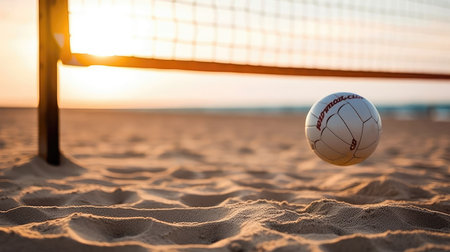 Volleyball Resting On A Sandy Court Netの素材