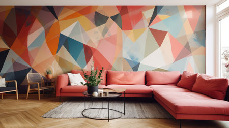 Living Room With Full Wall Flat Geometric Red Yellow Blueの素材