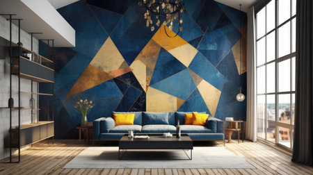 Living Room With Full Wall Flat Geometric Indigoの素材
