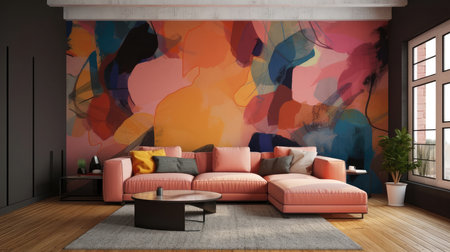 Living Room With Full Wall Flat Geometric Orange Yellow Purpleの素材