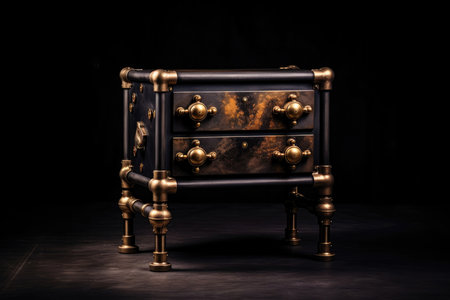 Gold Steampunk Nightstand On Black Smoky Backgroundの素材