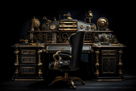 Gold Steampunk Desk On Black Smoky Backgroundの素材