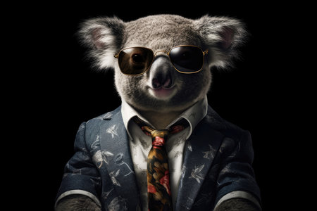 Happy Koala In Suit And Sunglasses On Black Backgroundの素材