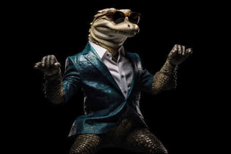 Happy Crocodile In Suit And Sunglasses On Black Backgroundの素材