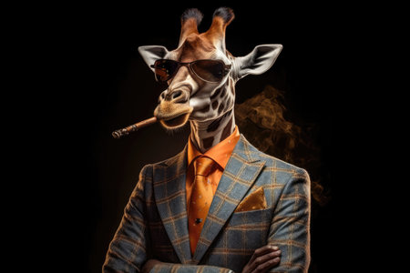 Smoking A Cigar Giraffe In Suit And Sunglasses On Black Backgroundの素材