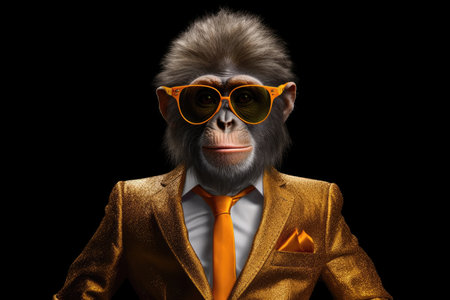 Happy Monkey In Suit And Sunglasses On Black Backgroundの素材