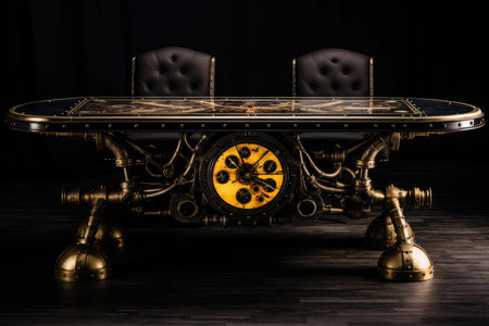 Gold Steampunk Dining Table On Black Smoky Backgroundの素材