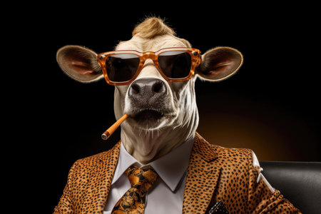 Screaming A Cigar Cow In Suit And Sunglasses On Black Backgroundの素材