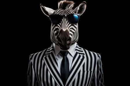 Happy Zebra In Suit And Sunglasses On Black Backgroundの素材