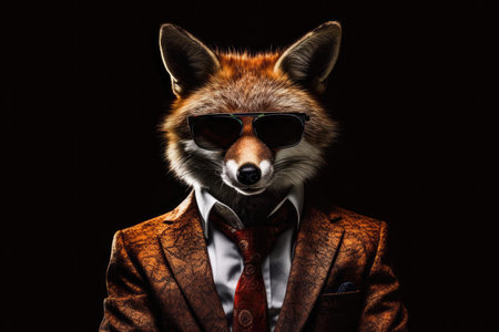 Poker Face Fox In Suit And Sunglasses On Black Backgroundの素材