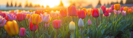 Colorful Tulip Garden With A Blurred Sunrise Sky. banner for webの素材