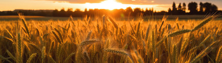 Wheat Field Swaying In The Breeze With A Dreamy Sunset. banner for webの素材