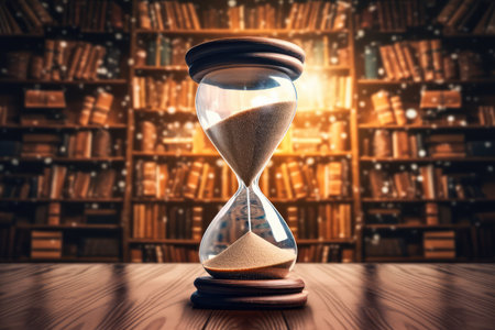 Hourglass Surrounded By Book Pages On A Librarythemed Backgroundの素材